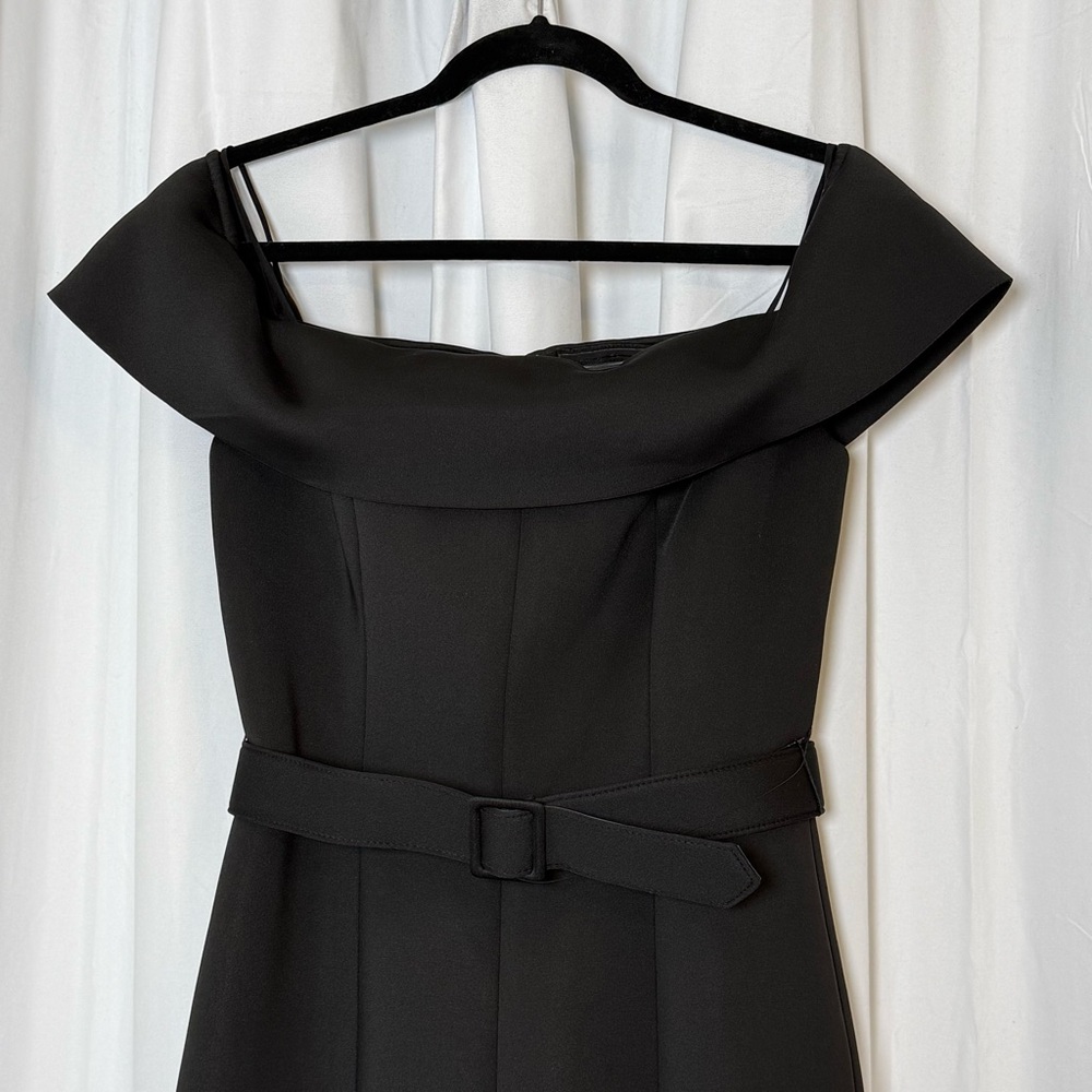 Badgley Mischka Off Shoulder Belted Scuba Dress Black NWT Size 8 - Picture 6 of 14